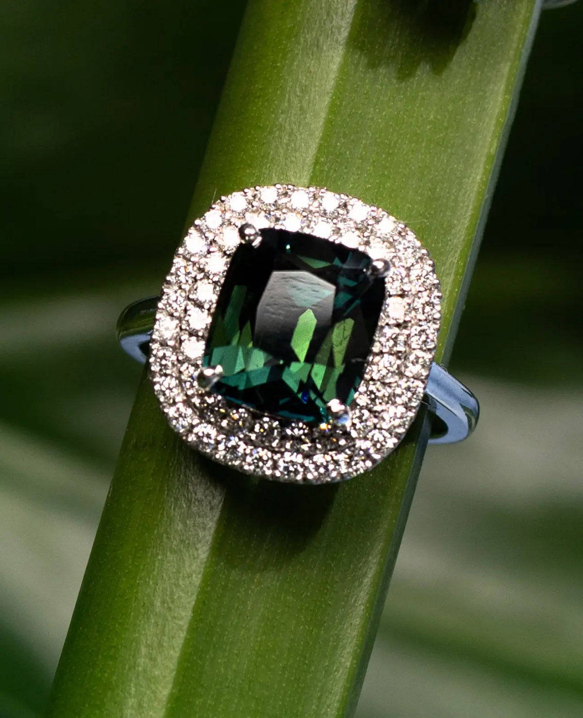 Teal Sapphire & Diamond White Gold Ring